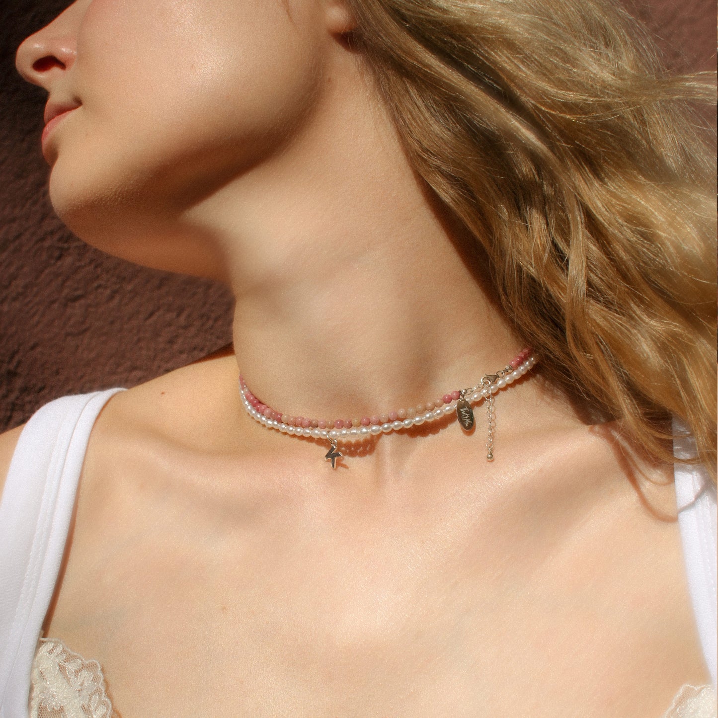 Pink Rhodonite Natural Stone Necklace with Personalized Charm