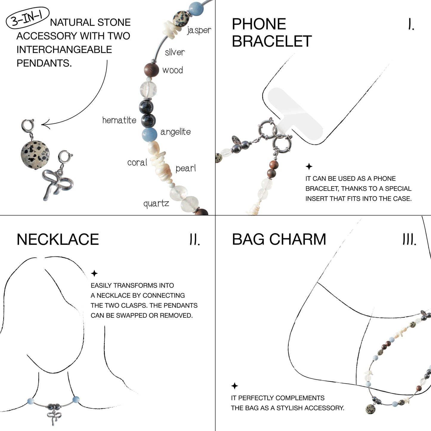 Phone Charm Multi-use accessory 3-in-1. Angelite