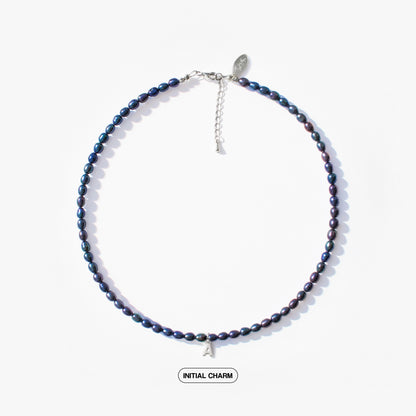 Dark Blue Natural Pearl Necklace with Personalized Charm