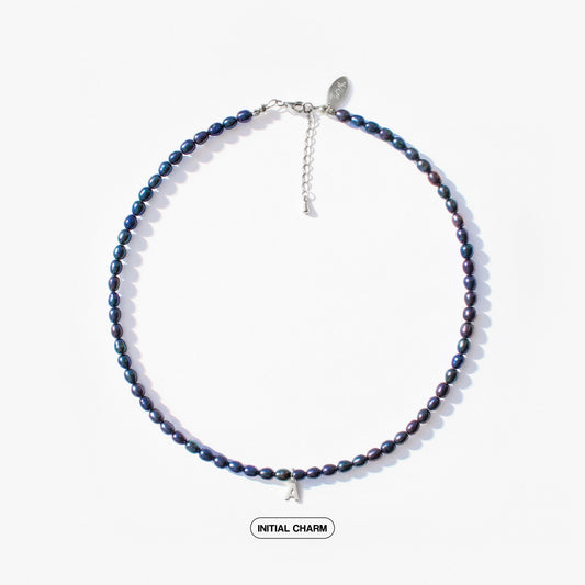 Dark Blue Natural Pearl Necklace with Personalized Charm