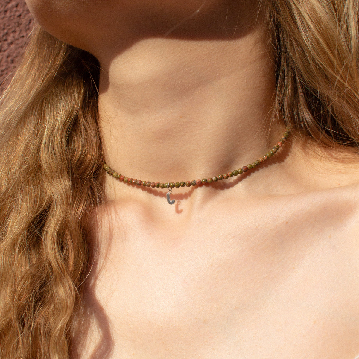 Green Unakite Jasper Natural Stone Necklace with Personalized Charm