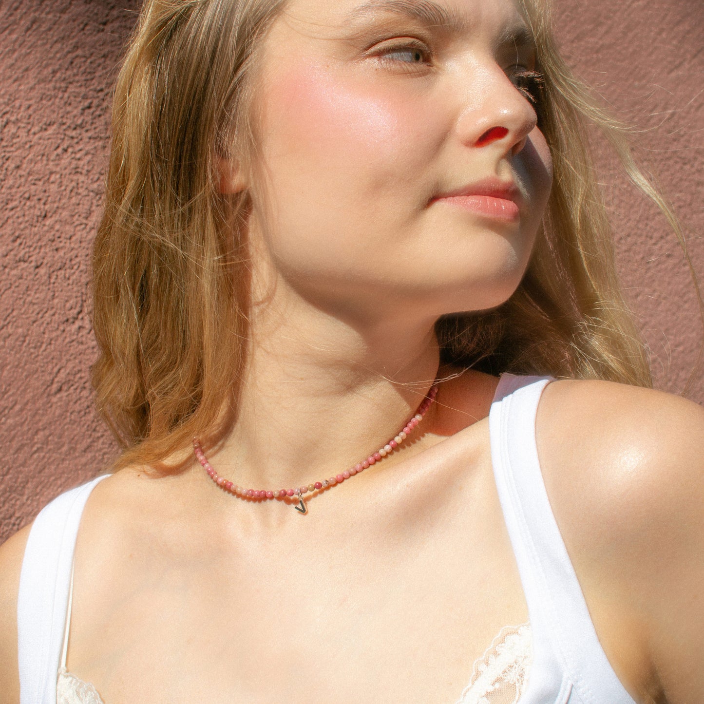 Pink Rhodonite Natural Stone Necklace with Personalized Charm