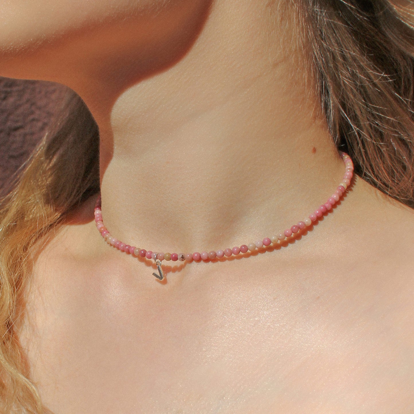 Pink Rhodonite Natural Stone Necklace with Personalized Charm